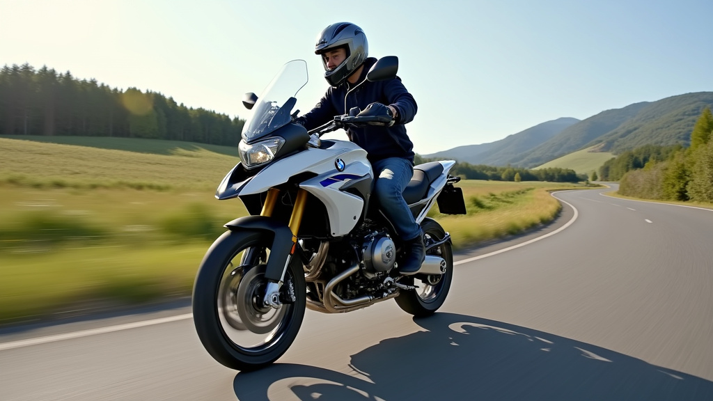 BMW R 1300 GS en situation de conduite sur route secondaire, mettant en valeur son design affûté et son carénage aérodynamique