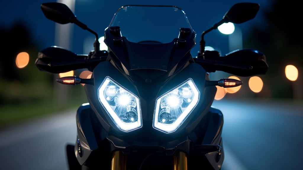 Phares avant de la BMW R 1300 RS en situation de conduite de nuit, mettant en évidence l’éclairage adaptatif et les feux de virage