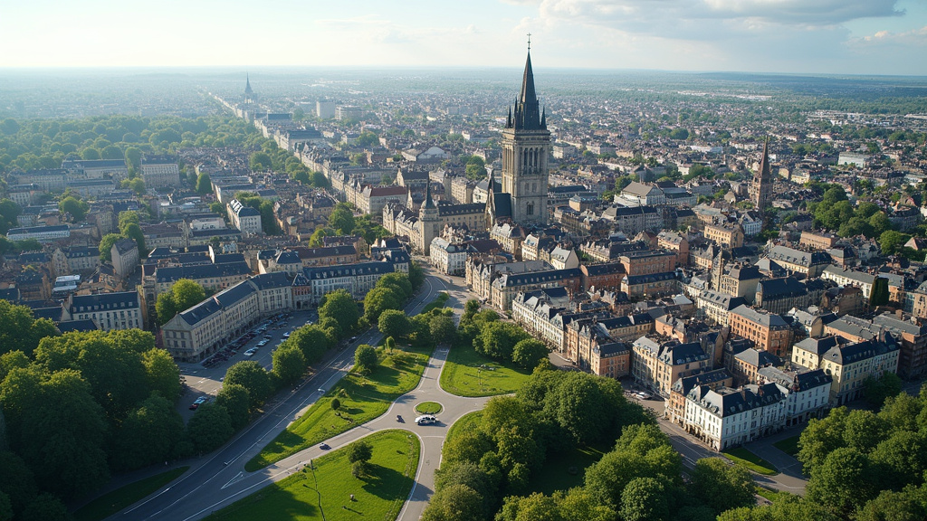 Vue aérienne du centre-bourg de Saint-Méen-le-Grand avec ses rues et espaces verts