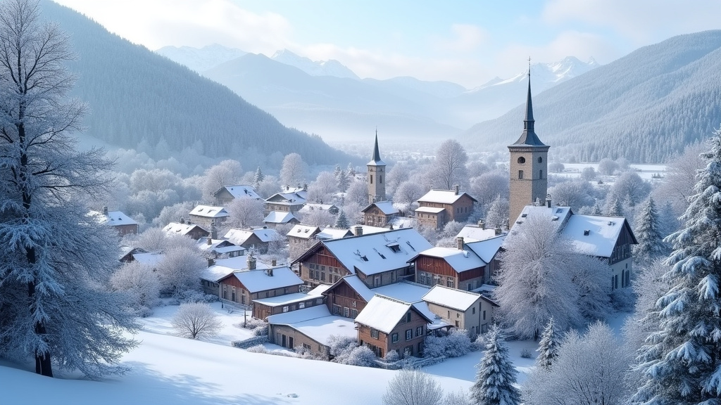 Vue aérienne du village de Molines-en-Queyras en hiver avec toits enneigés