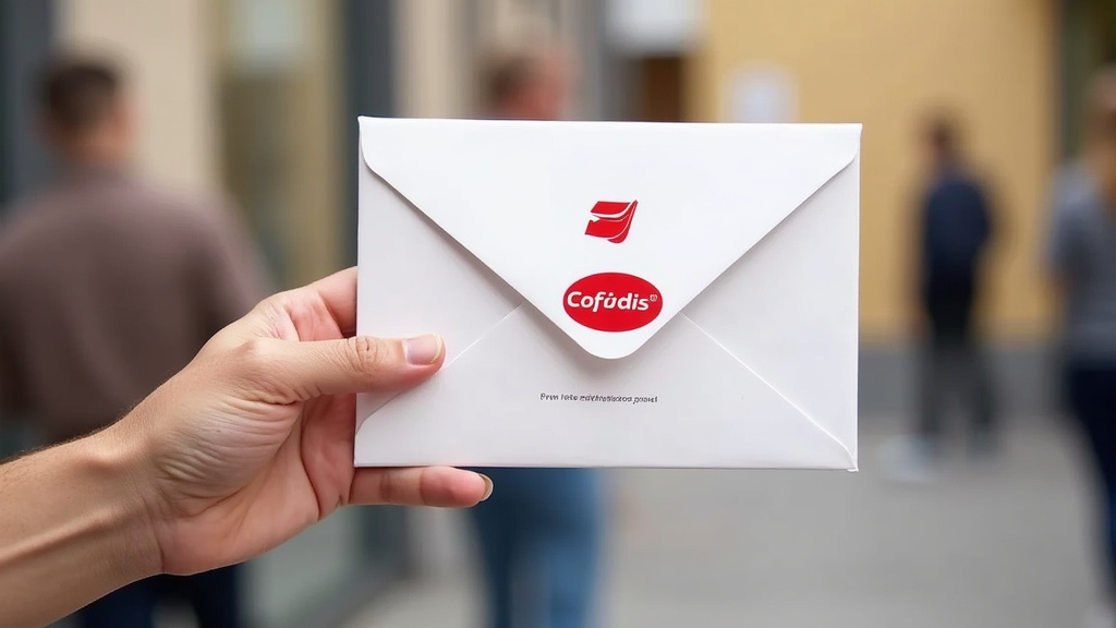 Enveloppe avec logo Cofidis en cours d’envoi par La Poste