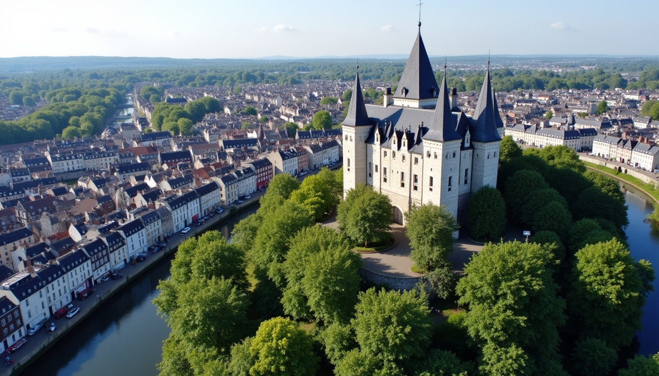 Vue aérienne du centre-ville de Caen, montrant le château, les rues piétonnes et les espaces verts