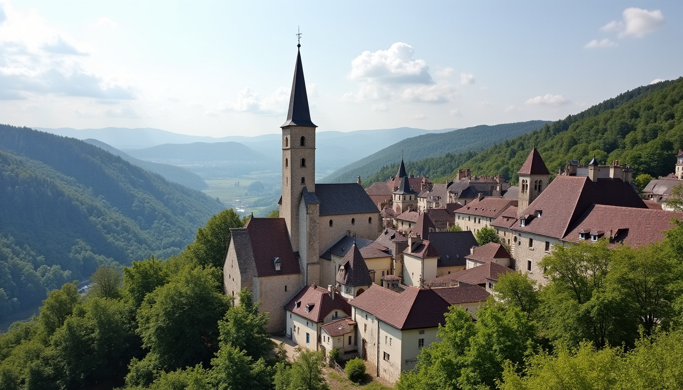 Vue panoramique du village de Neufchâtel-en-Saosnois avec ses maisons en pierre et son église