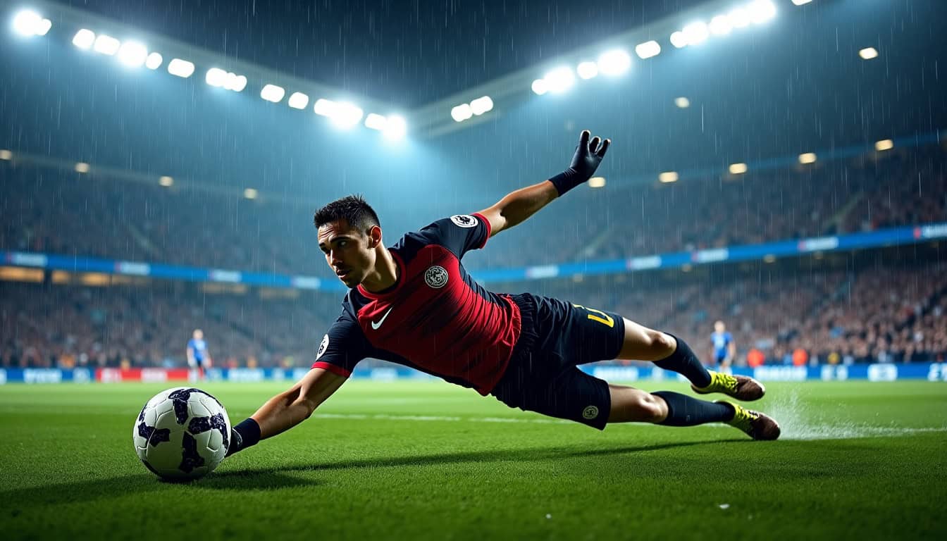 Le gardien Emiliano Martínez effectuant un arrêt spectaculaire lors du match retour contre le PSG