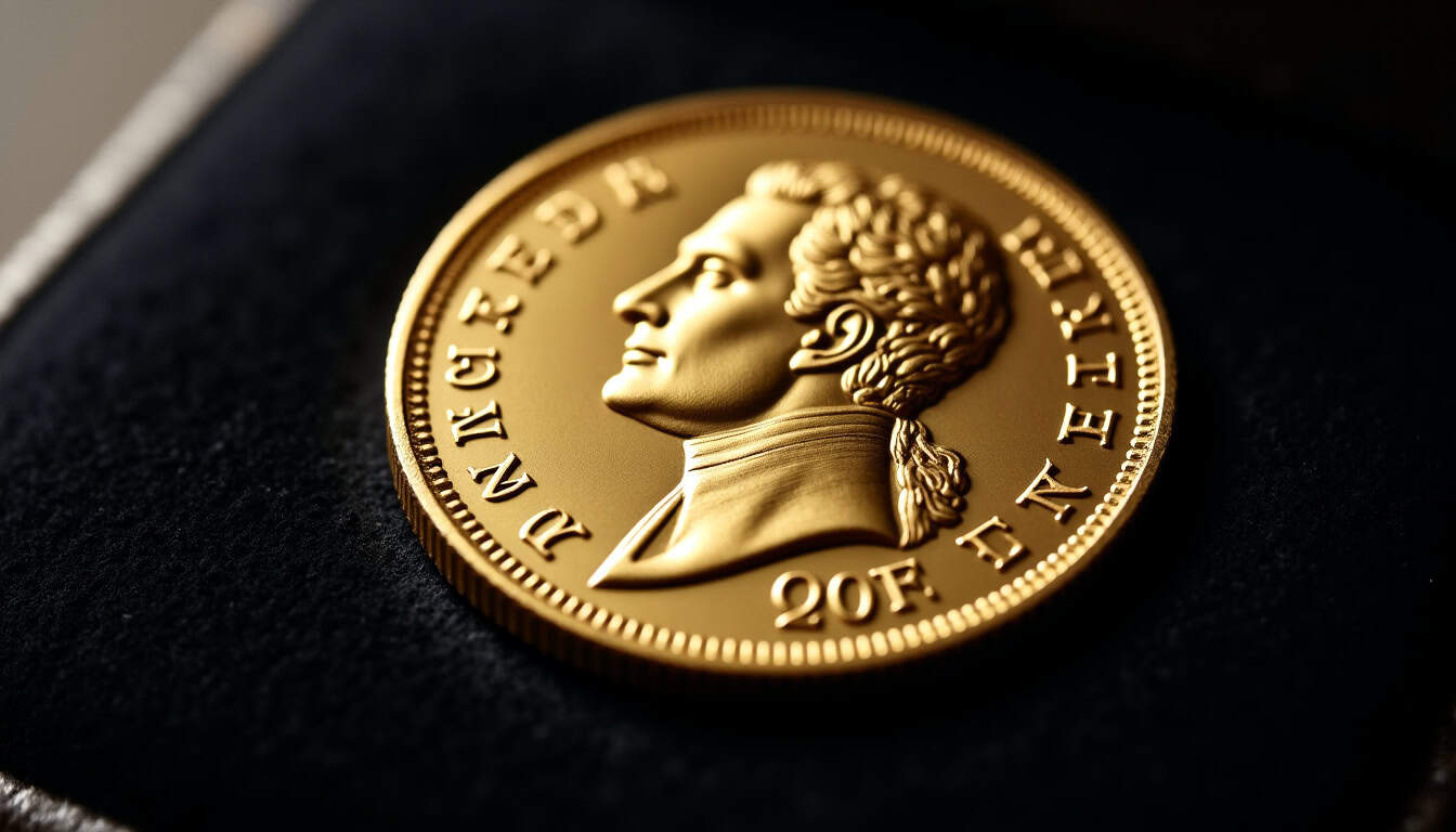 Pièce Napoléon 20 francs en or sur fond noir, vue détaillée de l