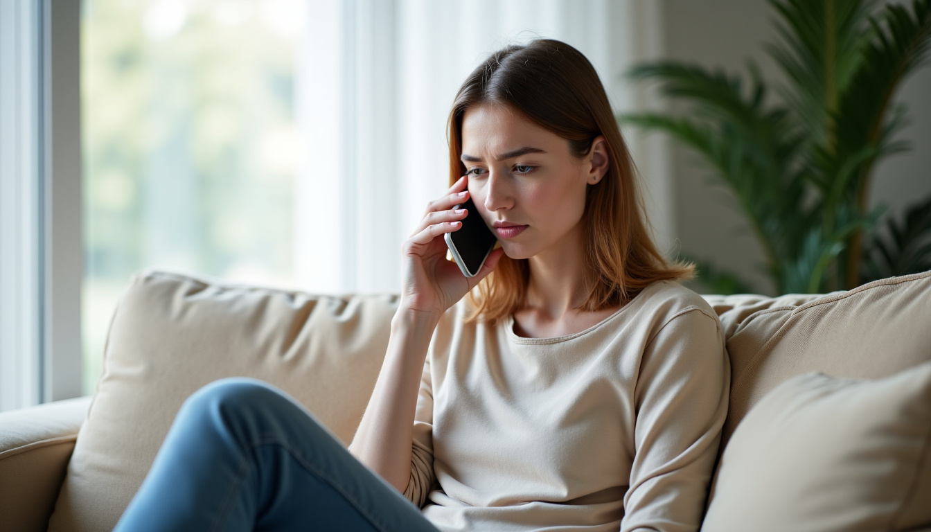 Femme en train de téléphoner, exprimant une légère frustration