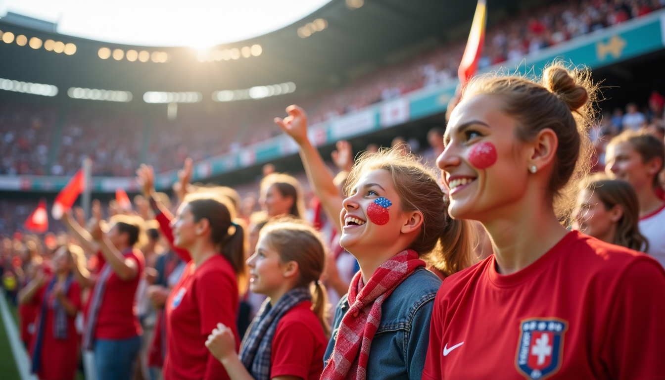 Public varié dans un stade suisse, avec des enfants et des familles affichant leurs couleurs nationales