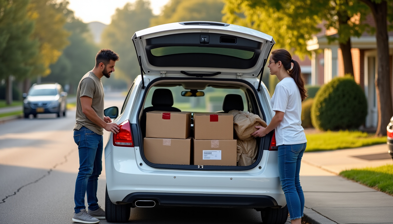 Voiture prêtée pour un déménagement entre amis, chargée de cartons, en situation réelle