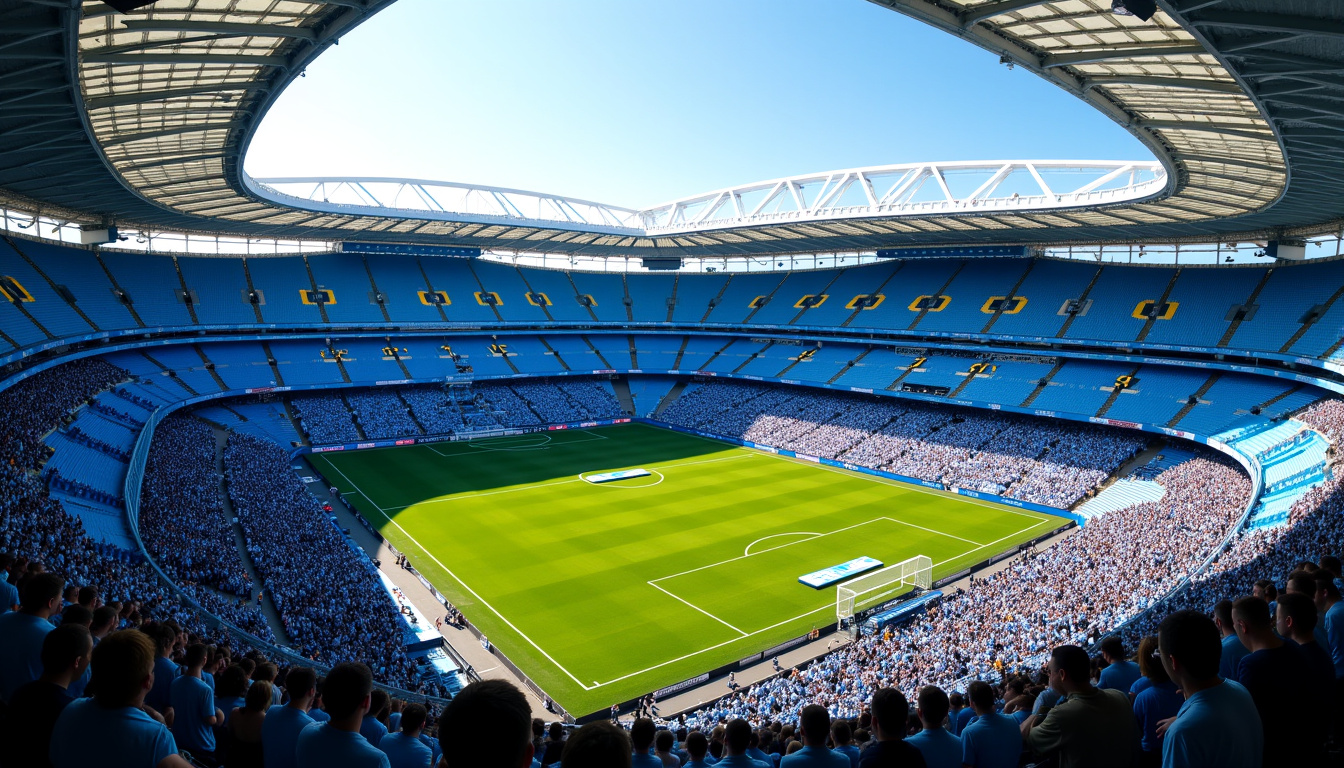 Vue aérienne du stade Etihad de Manchester City rempli de supporters lors d
