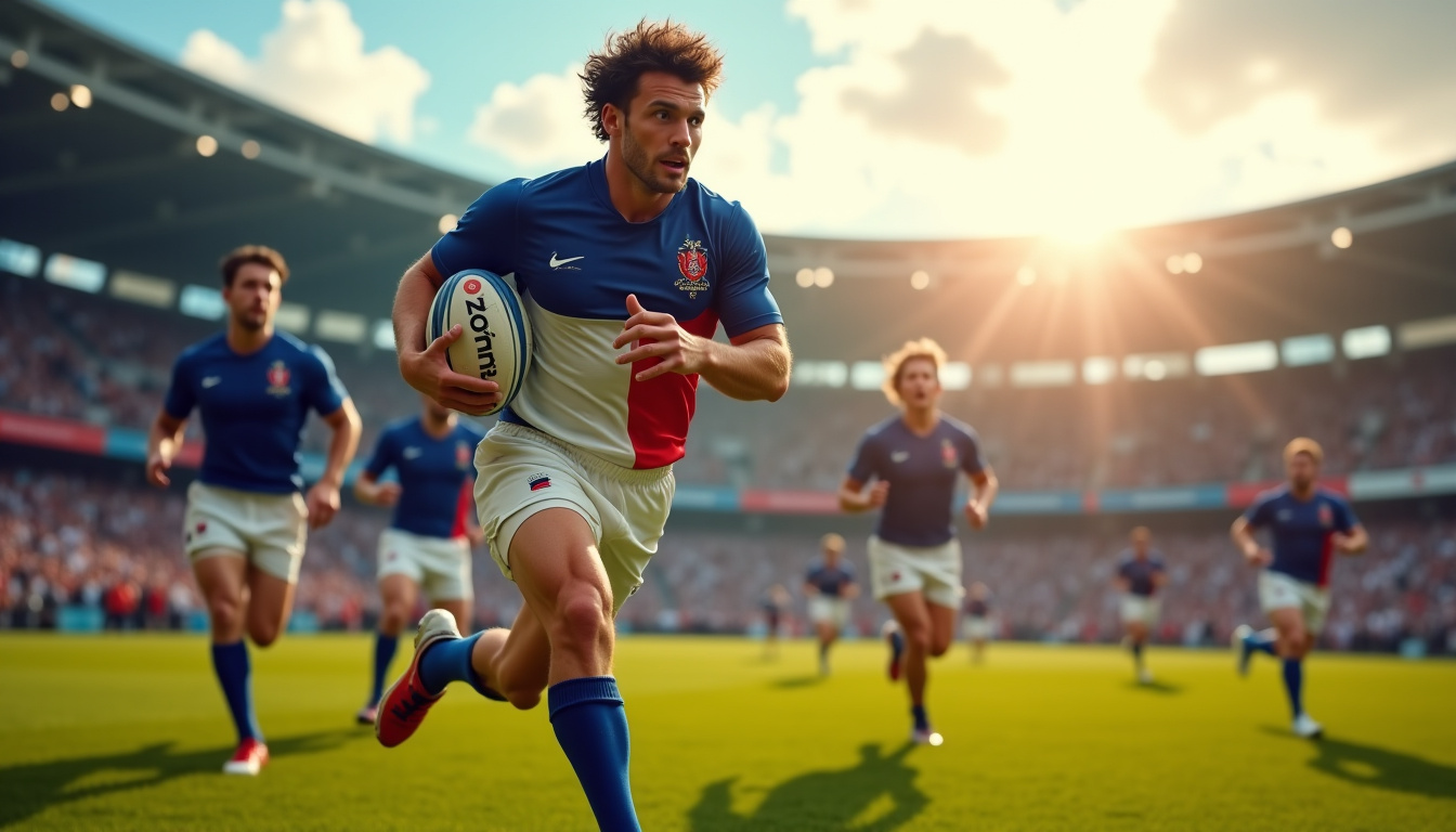 Antoine Dupont en action lors d’un match de rugby à sept, vêtu du maillot de l’équipe de France, dans une ambiance olympique