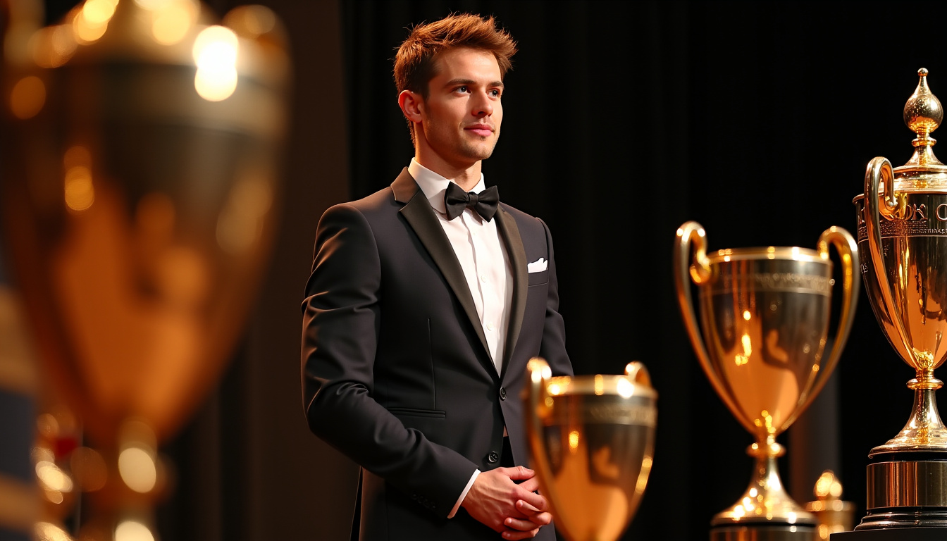 Antoine Dupont entouré de trophées, dont le Bouclier de Brennus et la Champions Cup, lors d’une cérémonie officielle