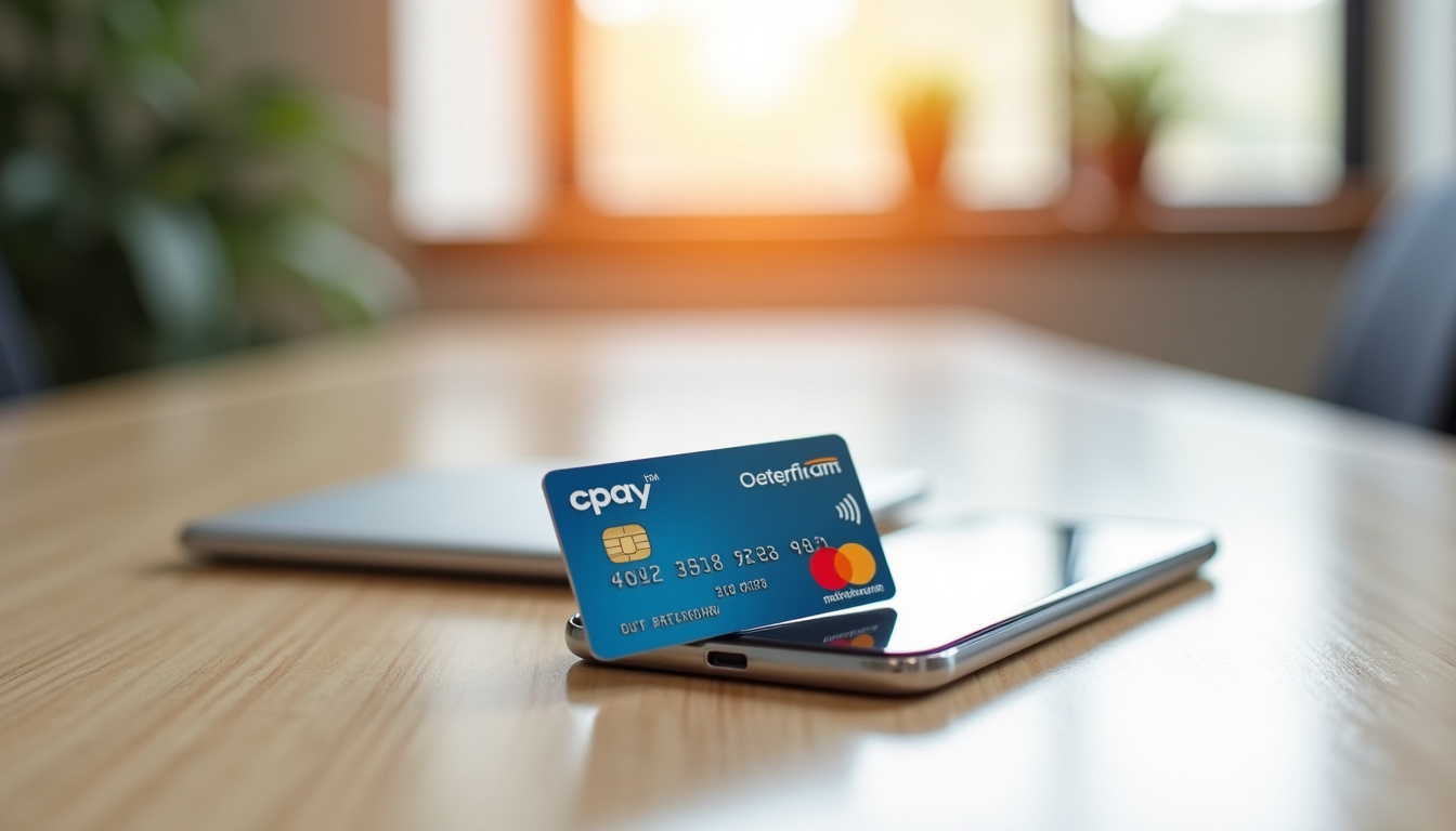 Carte Cpay Mastercard émise par Cetelem posée sur une table avec un téléphone à proximité