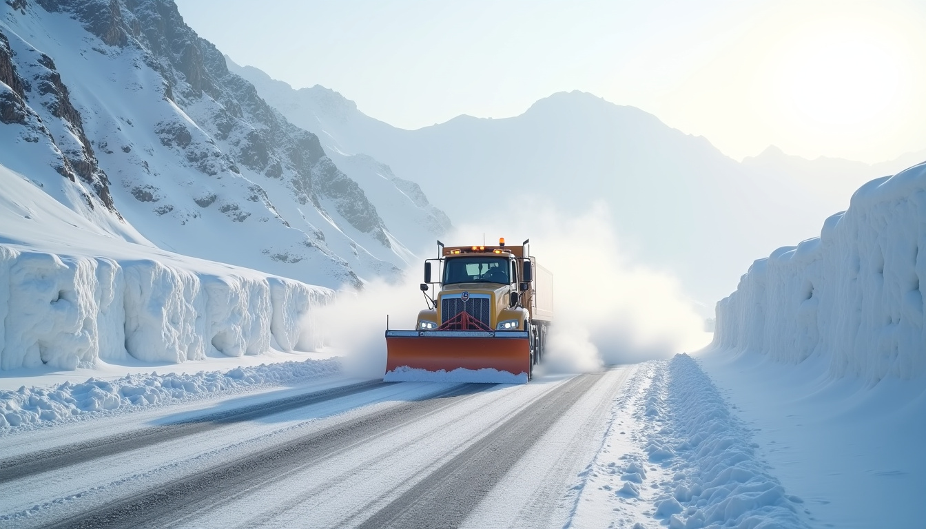 Chasse-neige en action sur une route de montagne enneigée, avec des congères sur les côtés