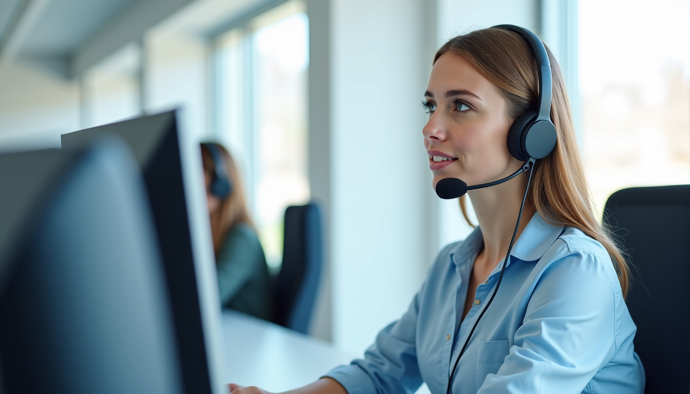 Conseiller Cetelem en conversation téléphonique avec un client depuis un centre d