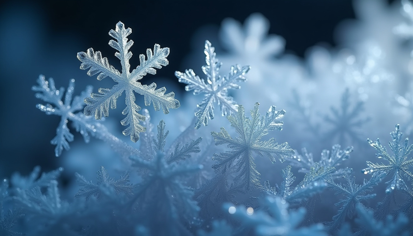 Photographies au microscope de différents types de cristaux de neige, montrant leur structure hexagonale