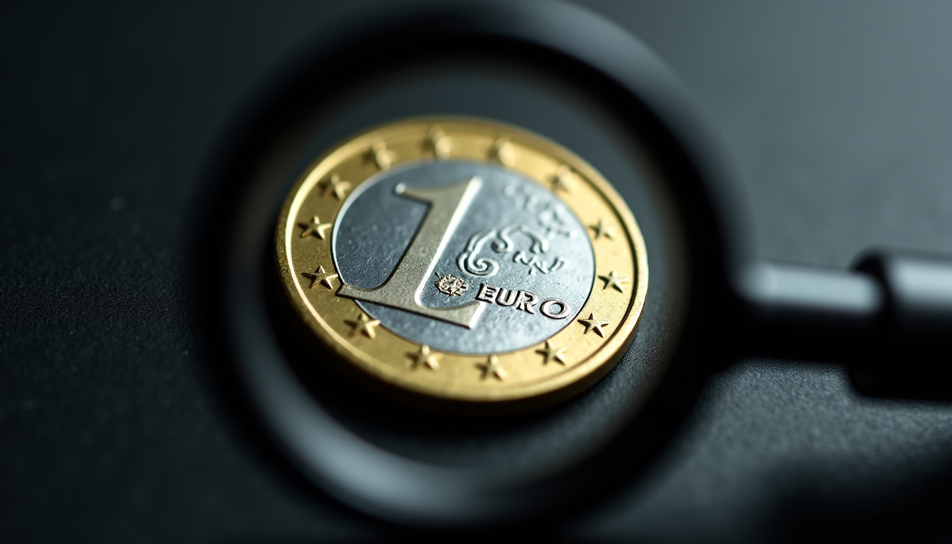 Pièce de 1 euro rare sous loupe, avec zoom sur les détails du revers et du contour