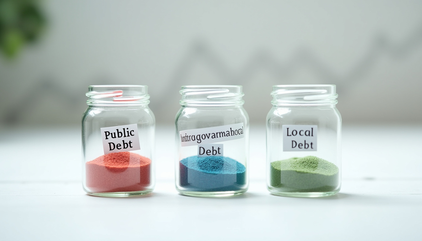 Représentation graphique des composantes de la dette publique américaine: dette détenue par le public, dette intragouvernementale, dettes locales