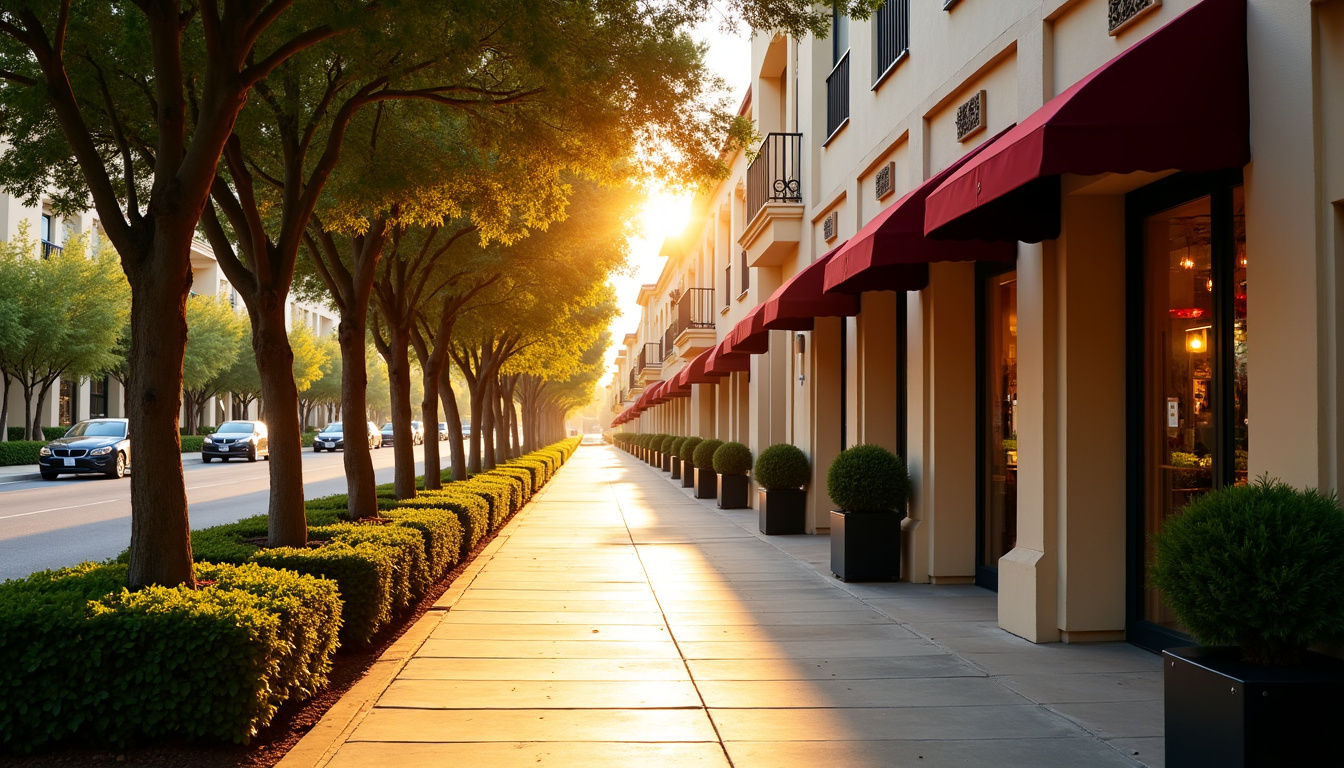 Rues arborées de Beverly Hills avec vitrines de luxe et architecture résidentielle élégante
