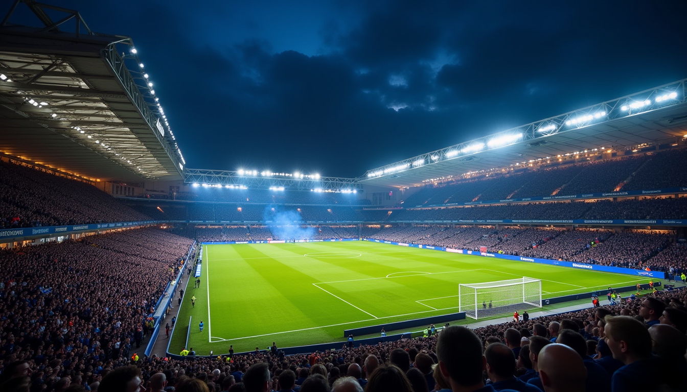 Stade de Stamford Bridge vu de nuit, illuminé pour un match important