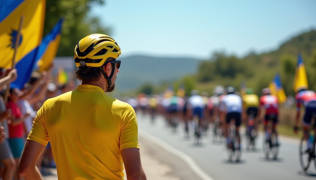 Supporter du Tour de France regardant le passage du peloton, entouré de drapeaux et de pancartes