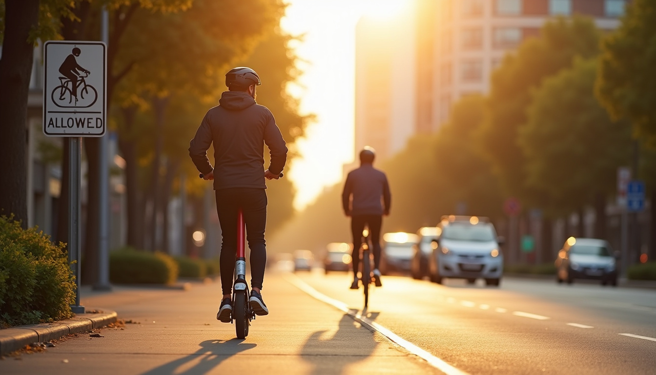 Trottinette électrique en circulation sur une piste cyclable, panneau de signalisation à proximité