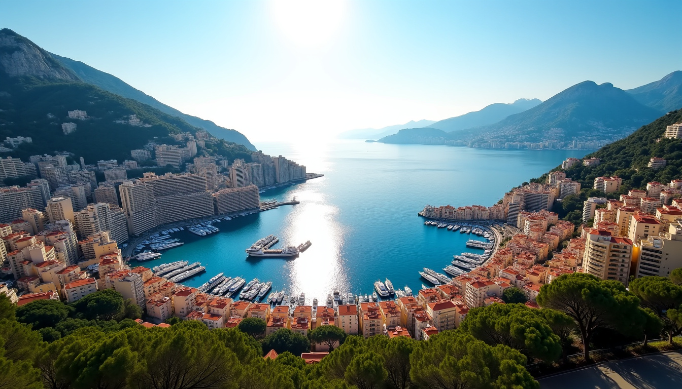 Vue aérienne des quartiers de Monaco montrant Monaco-Ville, Monte-Carlo et Fontvieille