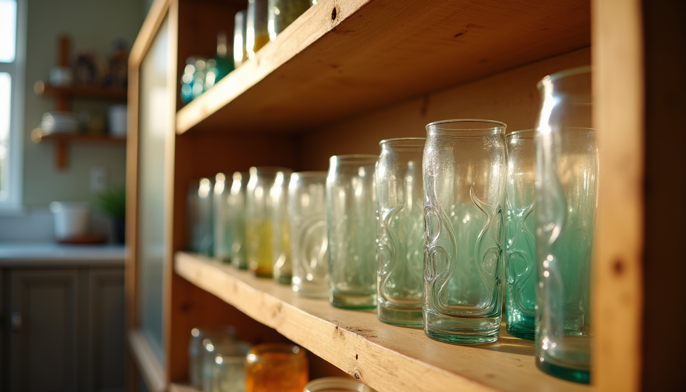 Collection de verres Duralex anciens soigneusement rangés sur une étagère en bois, classés par couleur et époque