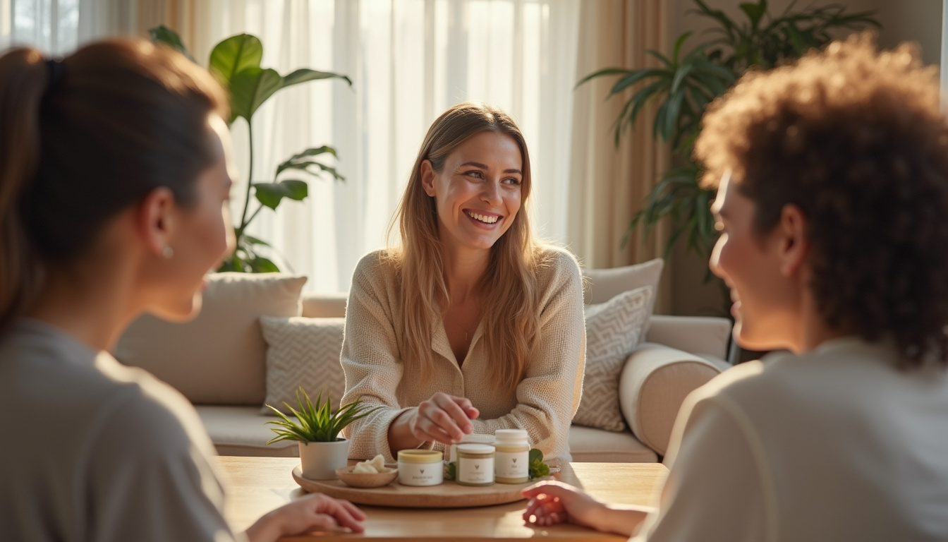 Conseillère AKEO en réunion avec des clientes autour de produits de bien-être et de beauté