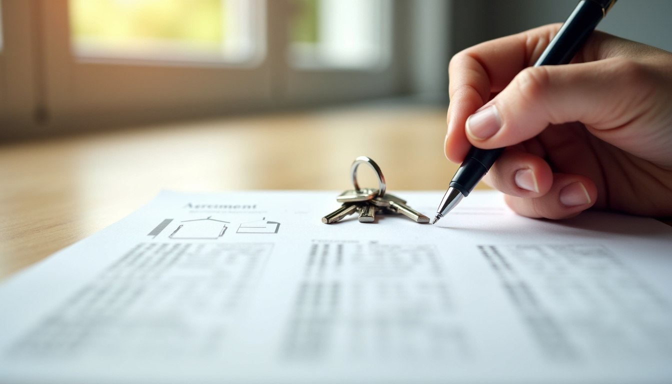 Illustration d’un bail de location pour un logement vide, avec signature de document et clés remises