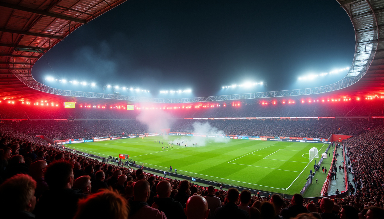 Image du stade Bollaert-Delelis à la mi-temps du match Lens contre RB Leipzig, ambiance électrique sous les projecteurs