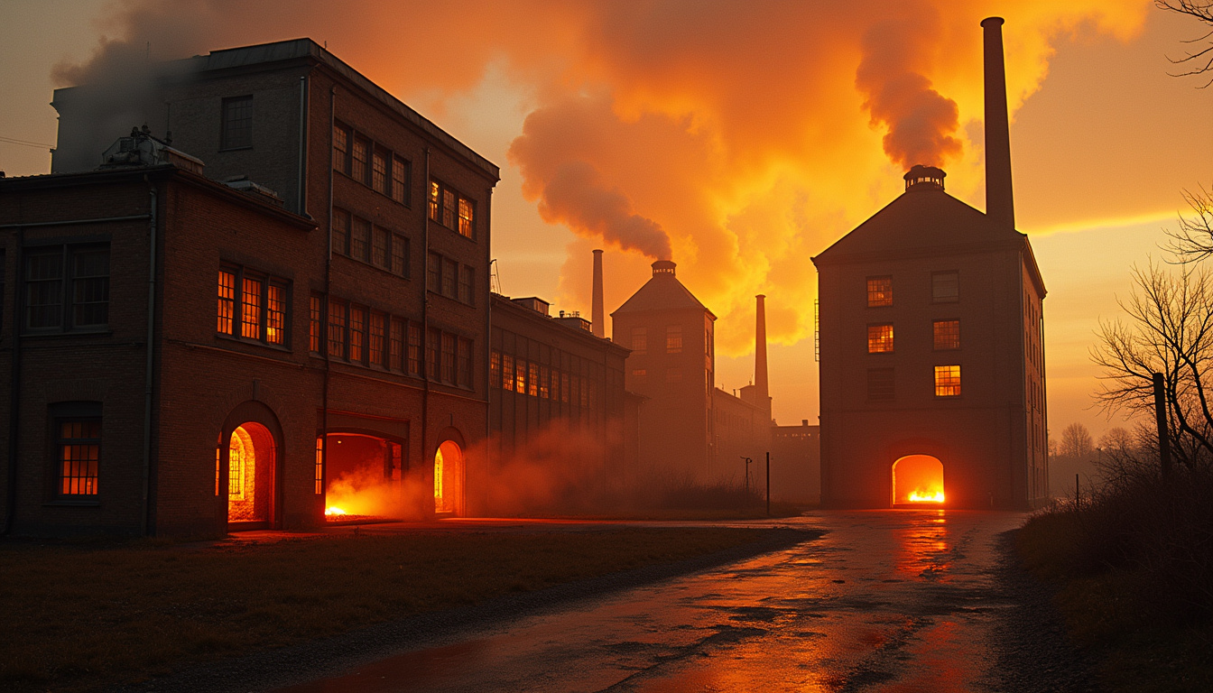 Usine Duralex ancienne vue extérieure avec fours à verre en activité dans les années 1960