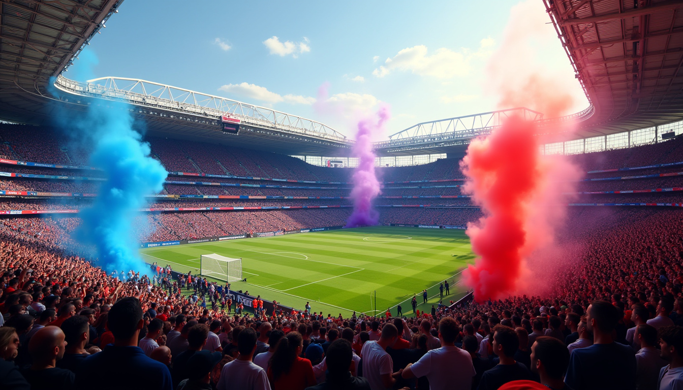 Ambiance colorée dans un stade lors d'une confrontation entre supporters du PSG et de l'Inter Milan