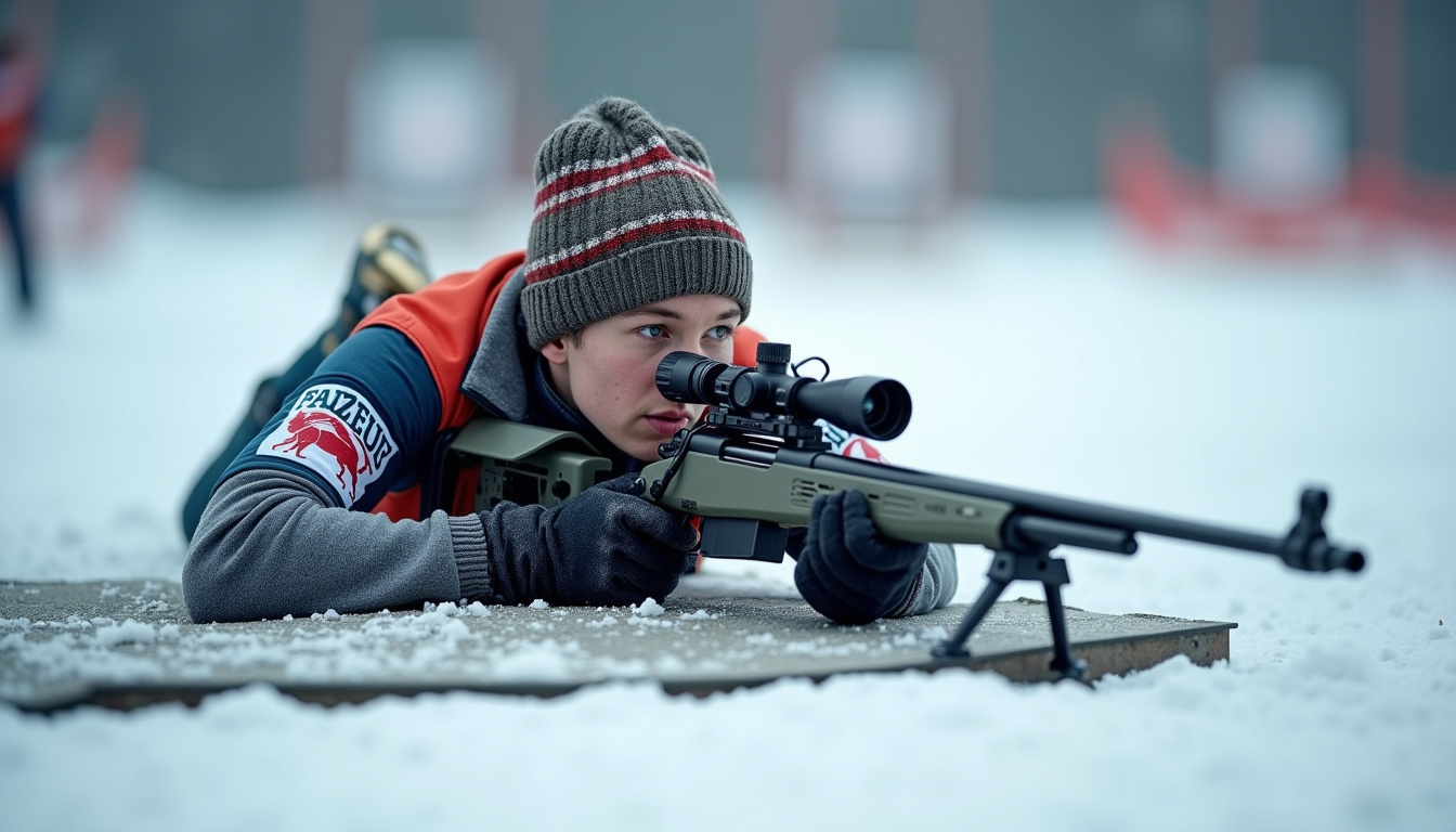 Biathlète en position couchée sur le pas de tir lors d'une compétition de biathlon