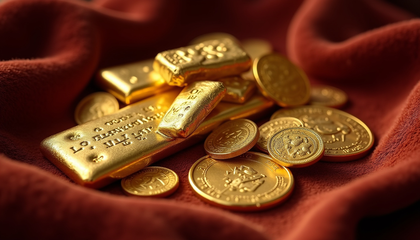 Collection de lingots d'or de différentes tailles et de pièces anciennes comme le 20 francs Napoléon
