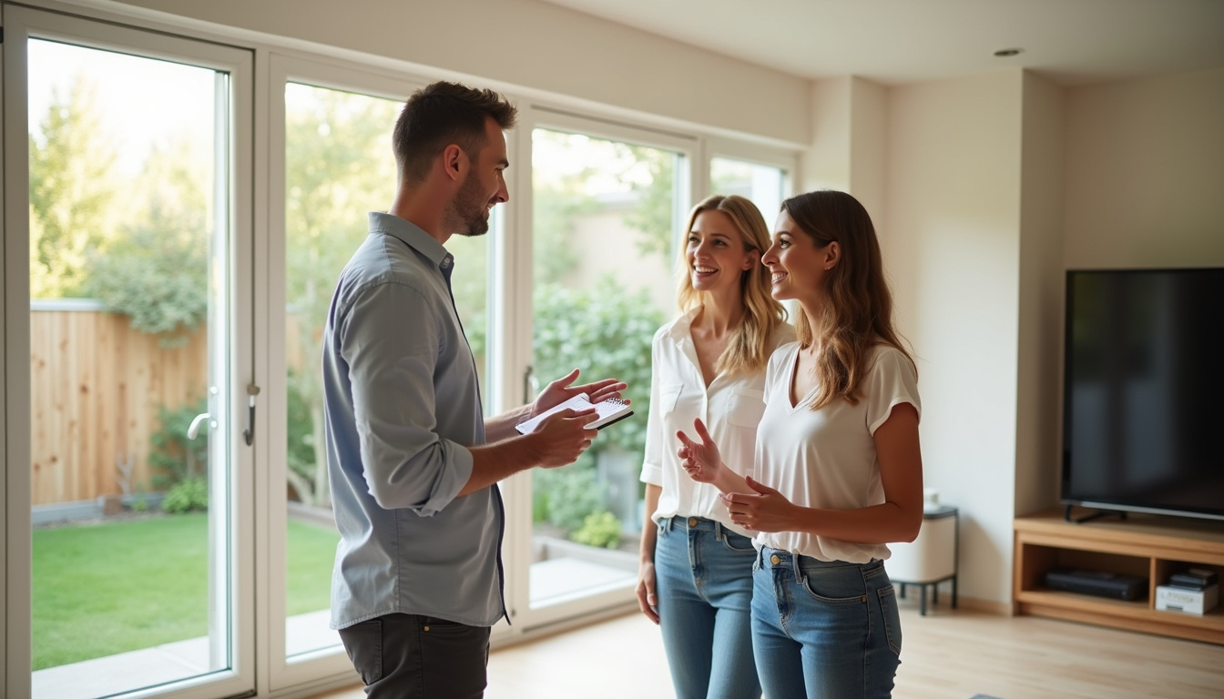 Couple en visite dans une maison, discutant avec un agent immobilier