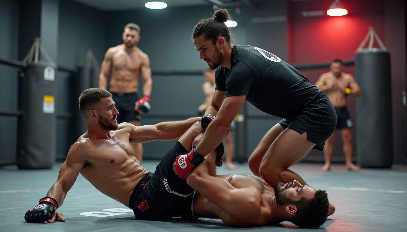 Entraînement en club de MMA en France, avec coach et pratiquants en action