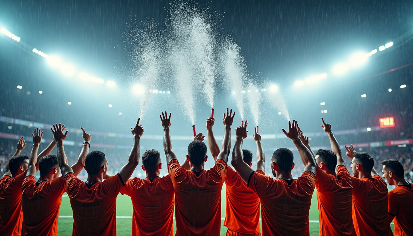 Joueurs en tenue de match célébrant une victoire en Europa League sous une pluie d'écume