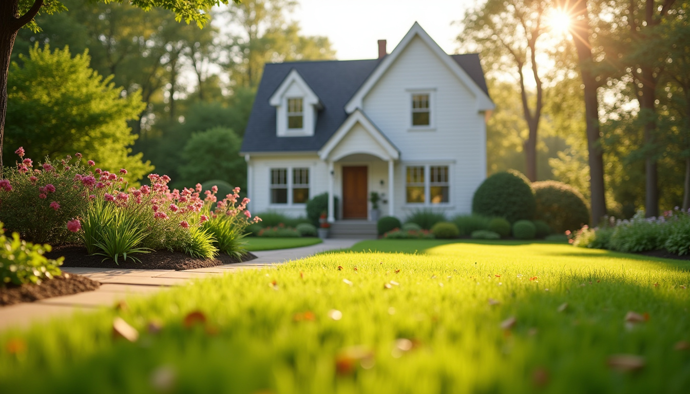 Maison individuelle bien entretenue avec jardin soigné en arrière-plan