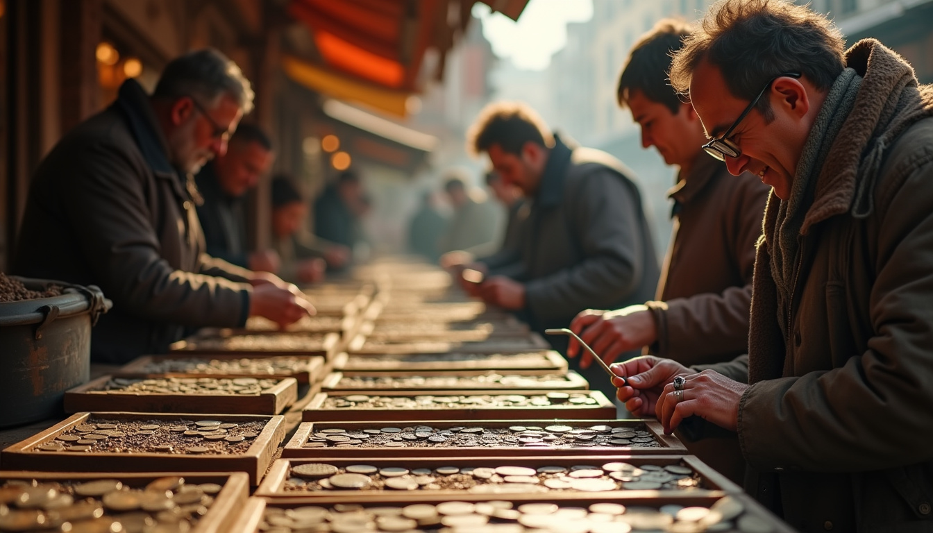 Marché aux numismates avec étals de pièces anciennes, lumière naturelle, ambiance de foire spécialisée