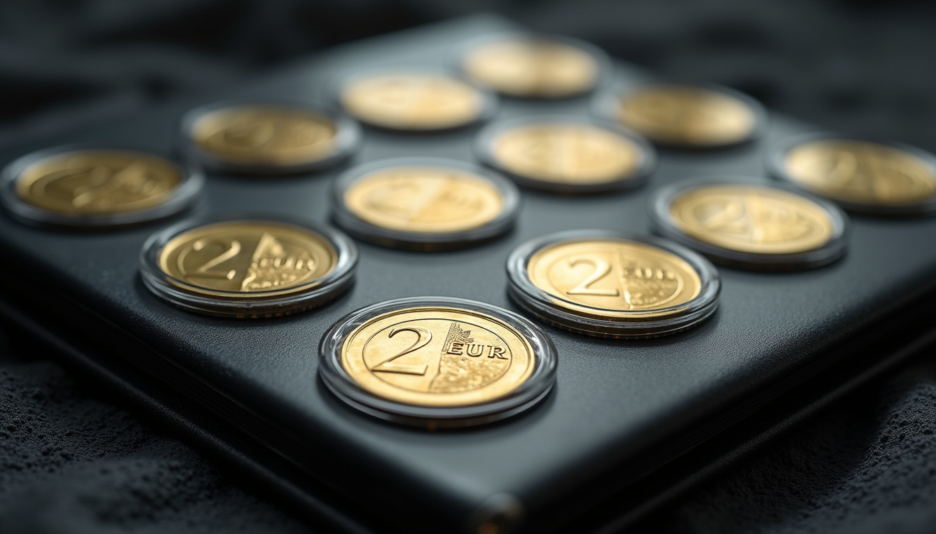 Pièces de 2 euros rares stockées dans des capsules transparentes, rangées dans un classeur numismatique, sur fond sombre