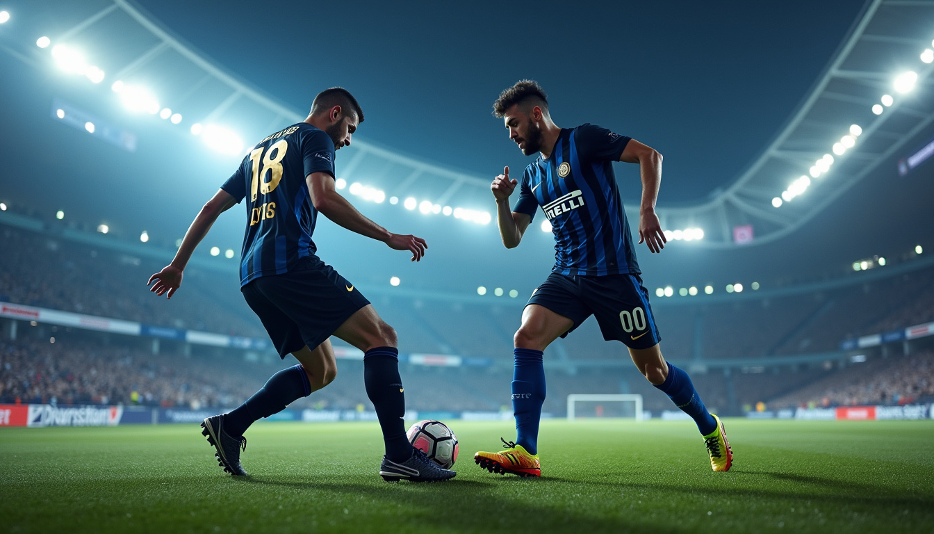 Représentation artistique de joueurs du PSG et de l'Inter Milan s'affrontant dans un futur proche