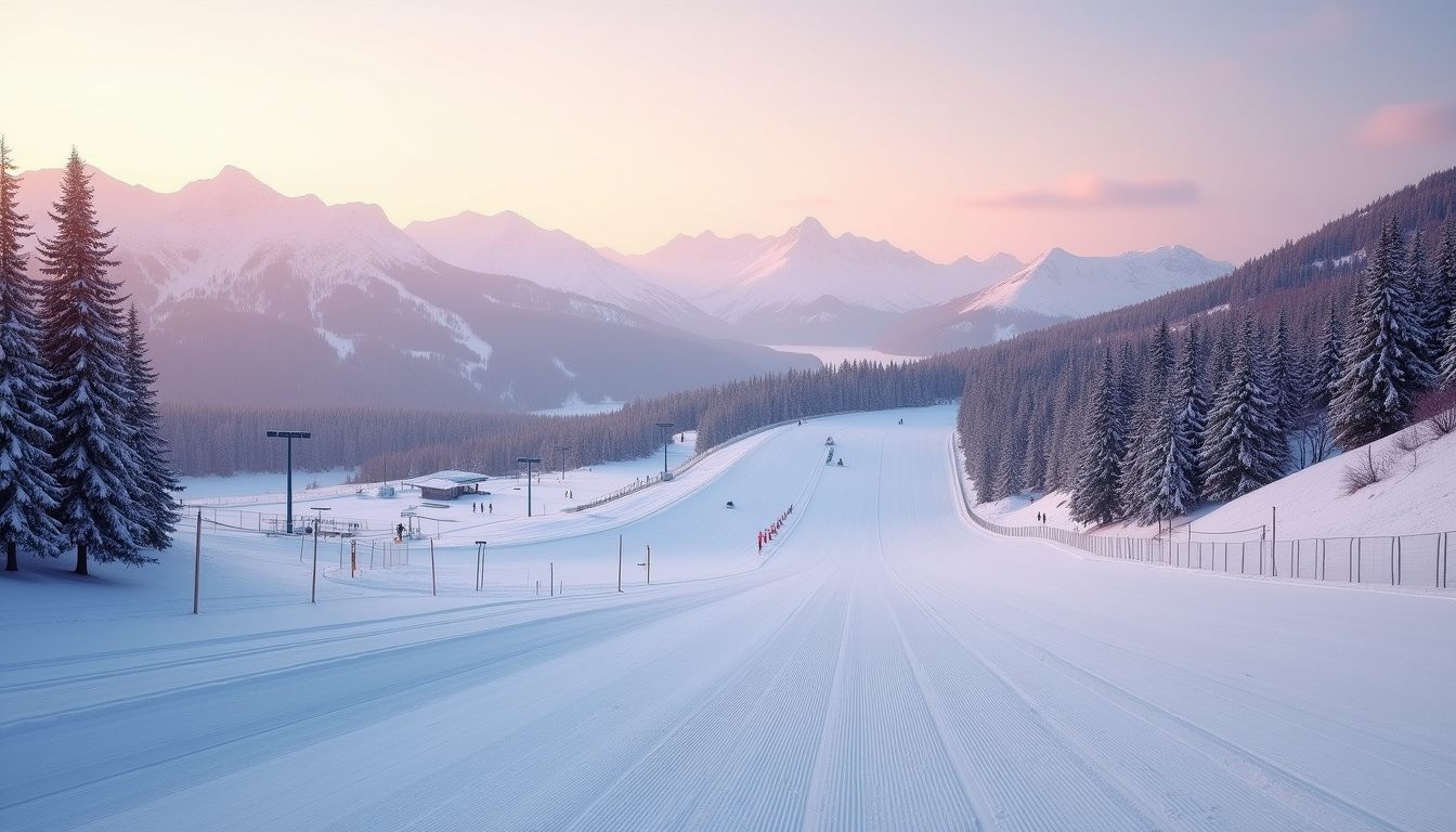 Stade de biathlon en montagne avec couloirs de ski et pas de tir enneigé
