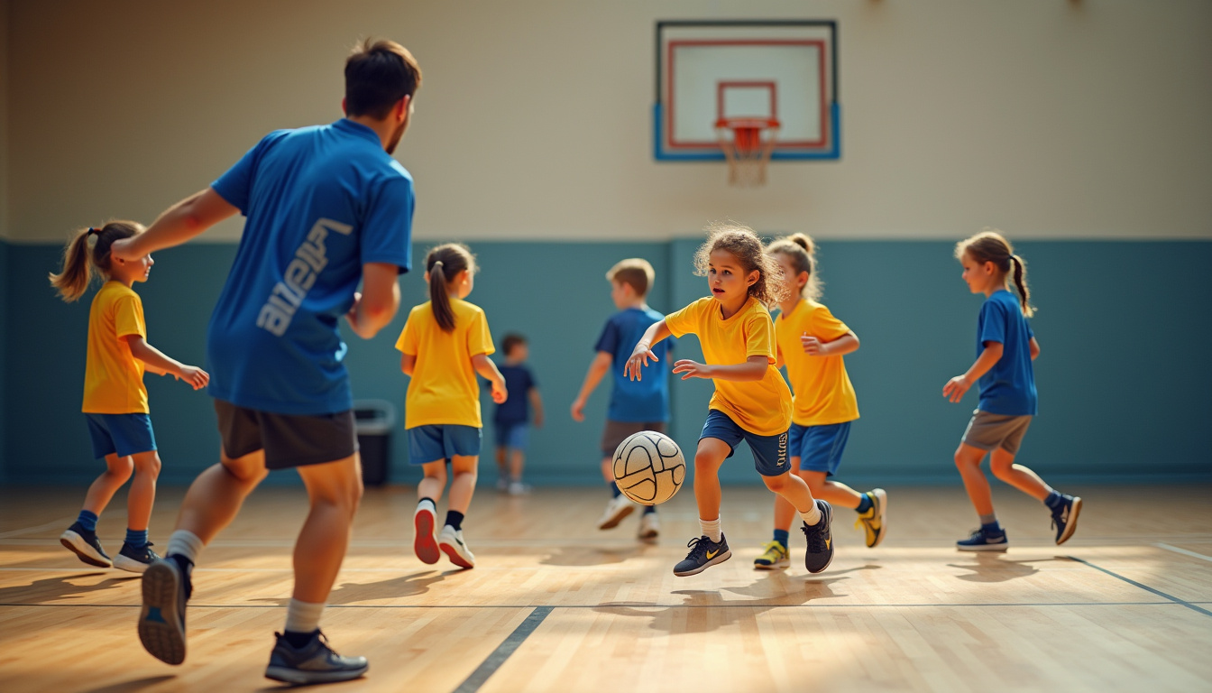 Enfants en train de s'entraîner au handball dans un club local sous l'encadrement d'un coach