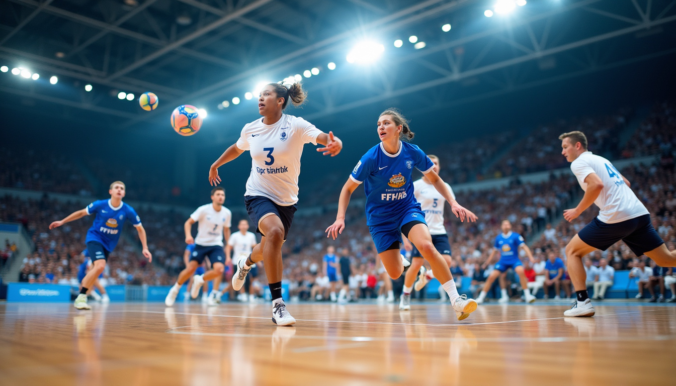 Équipe de handball en action lors d'une compétition nationale sous l'égide de la FFHB