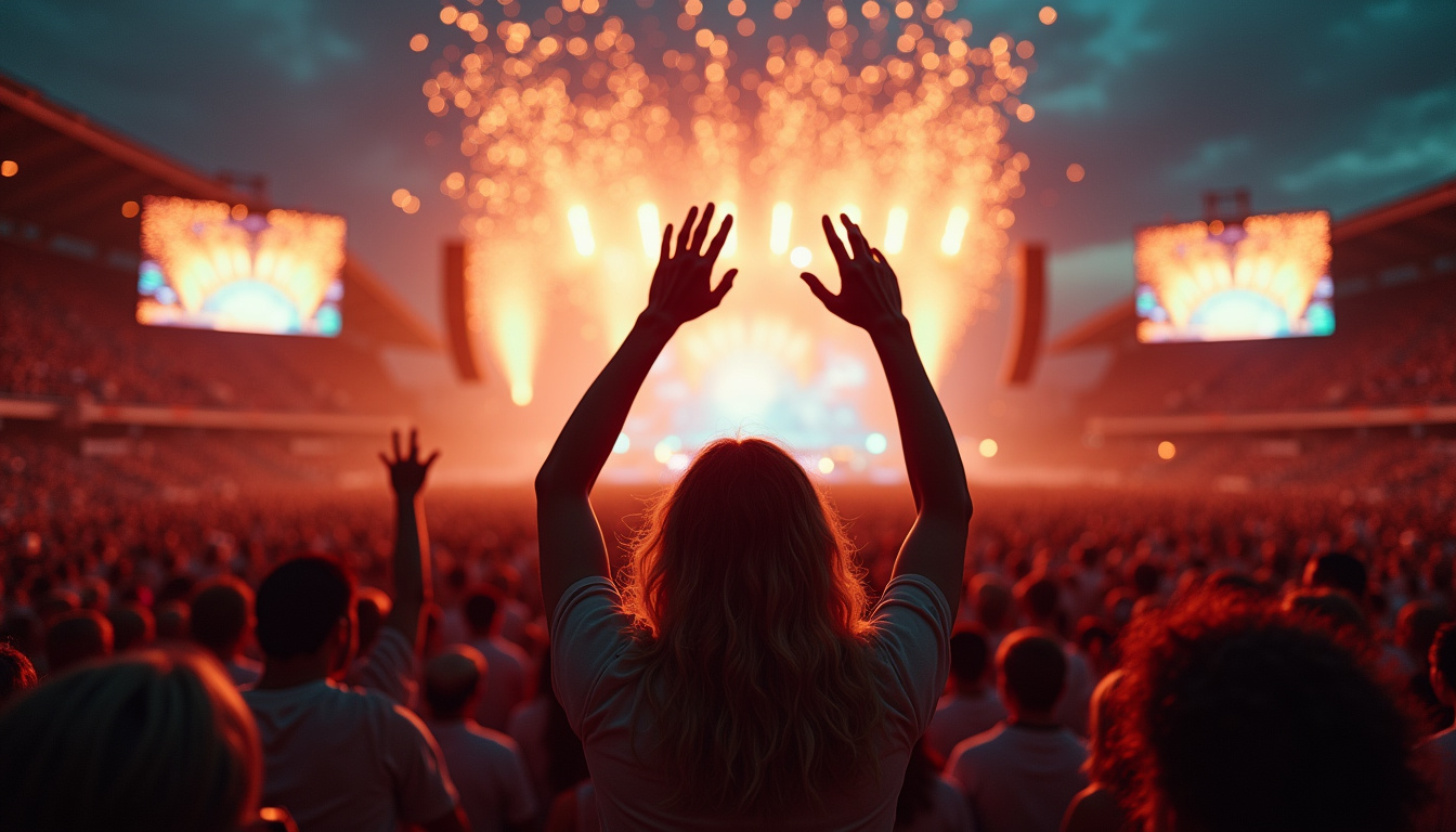 Foule en liesse lors d'un concert au Stade de France avec des écrans géants et des feux d'artifice