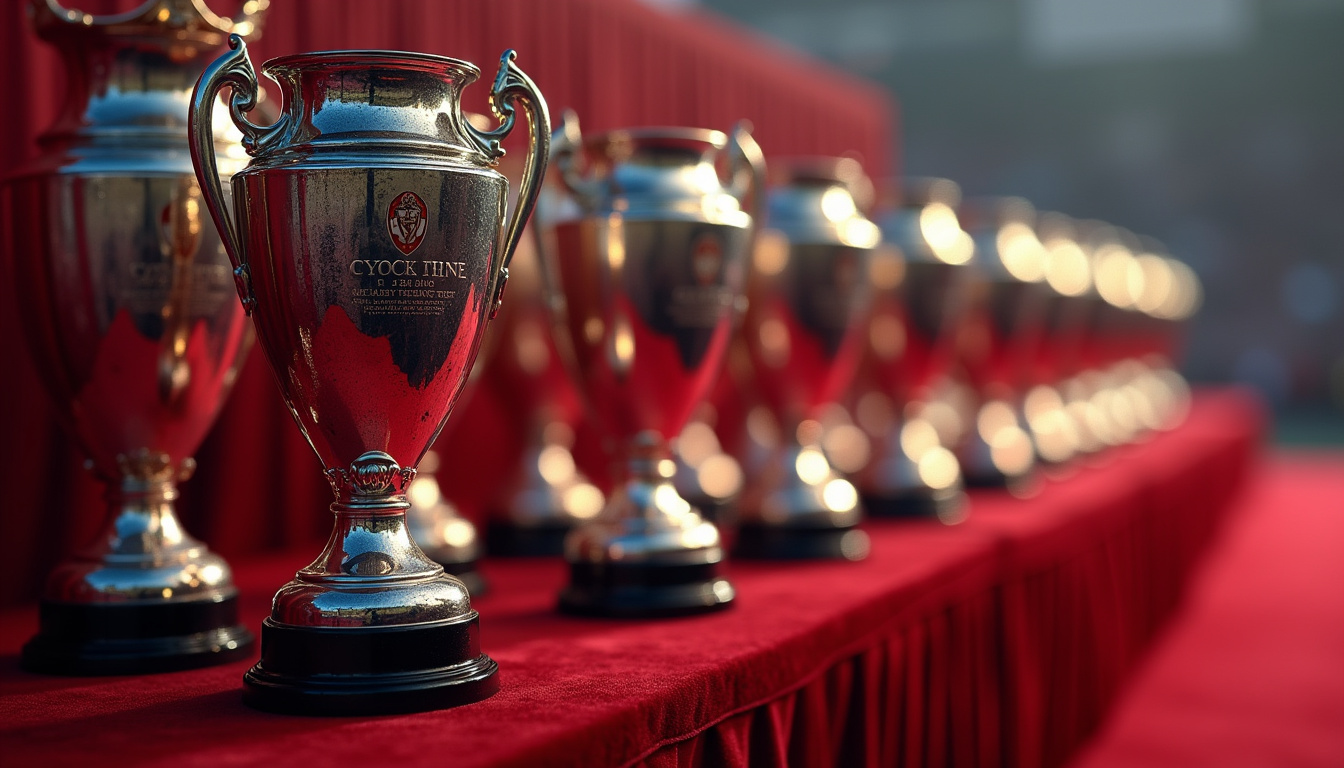 Illustration des trophées de Manchester United alignés sur un socle rouge