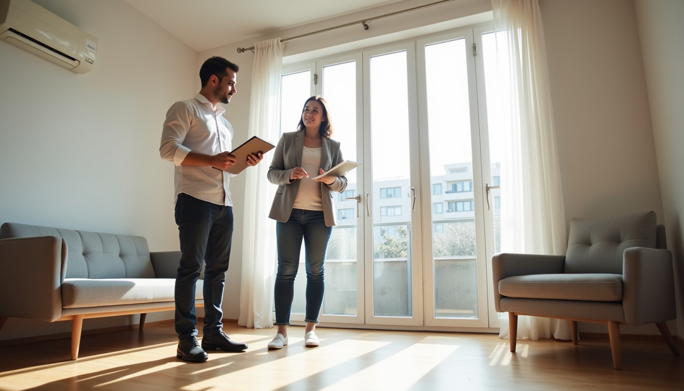 Illustration d'un état des lieux d'entrée dans un appartement, avec un locataire et un agent immobilier