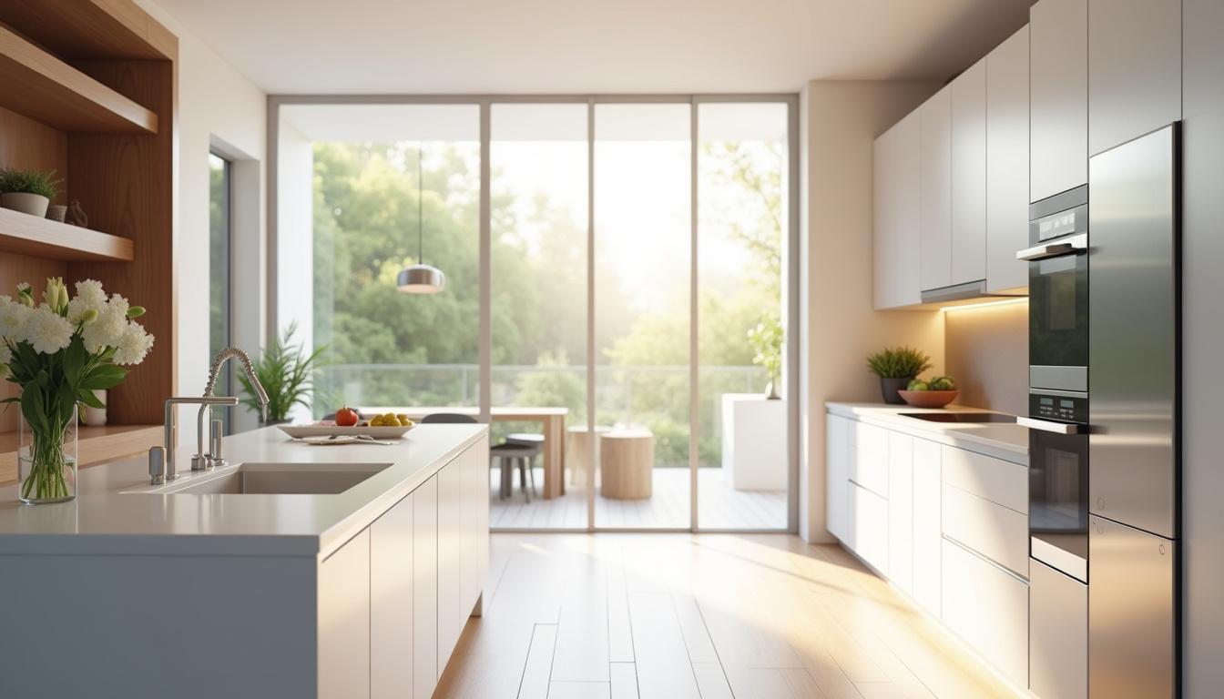 Intérieur d'une cuisine moderne dans une maison à vendre, vue depuis l'entrée