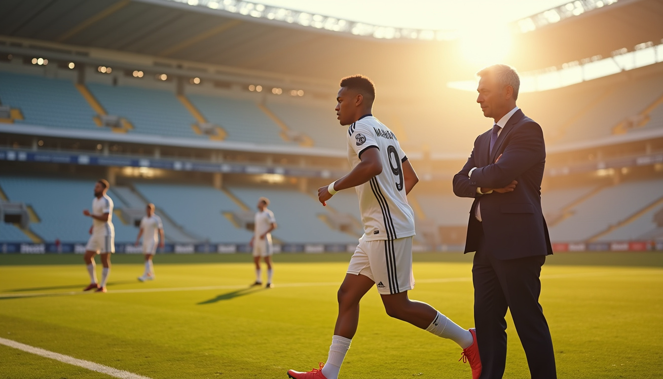 Kylian Mbappé en entraînement avec l'entraîneur José Mourinho au Bernabéu