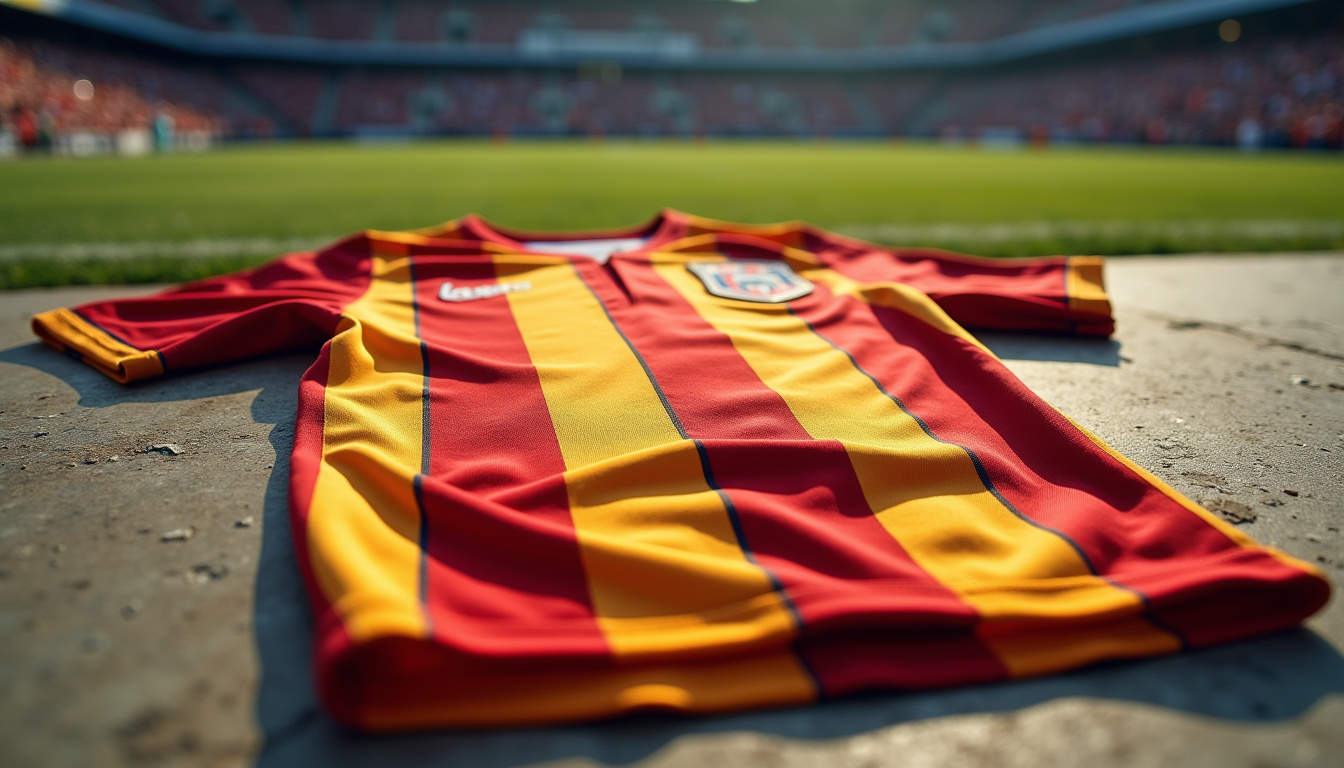 Maillot historique du RC Lens en rouge et or, rayures verticales